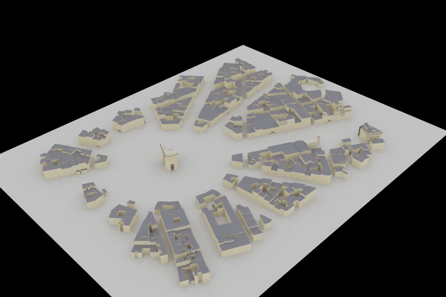 Rendered city model seen from above at an angle: blocks of buildings radiating around a large circular plaza (Paris, Étoile).