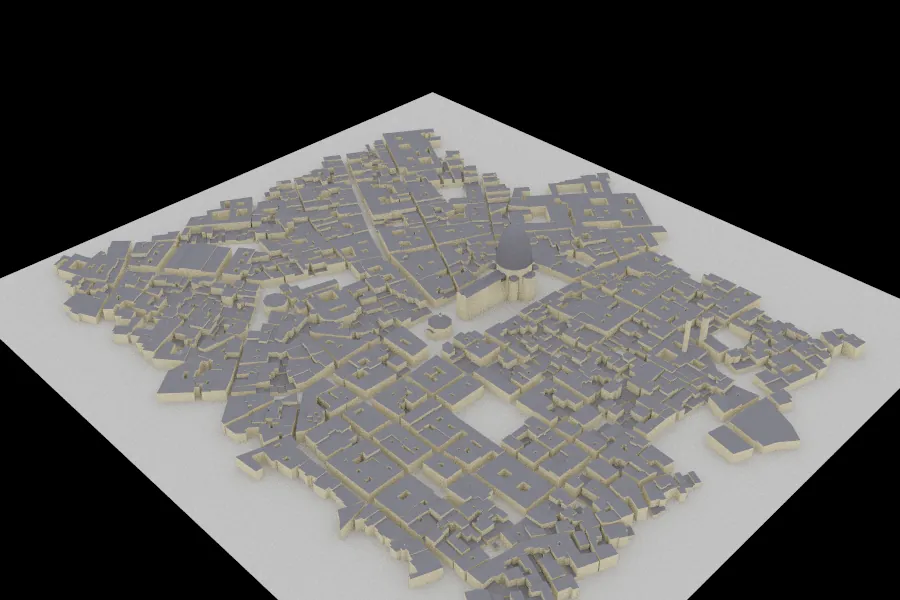Rendered city model of dense old-town blocks with narrow streets and a domed cathedral near the centre (Florence).
