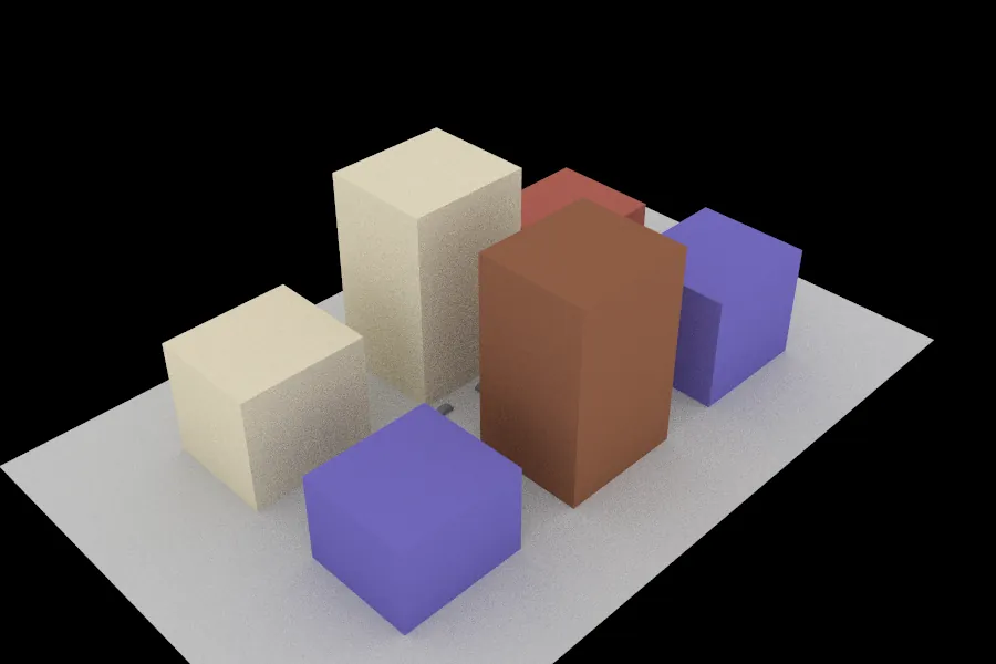 Rendered street canyon: six tall coloured box buildings in cream, brown, red and purple lining a street.