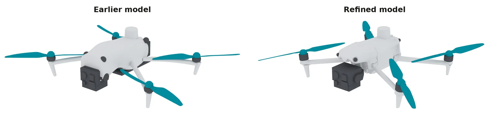 Two renders of the same quadcopter from the same angle. Left, the earlier model: a smooth, rounded shell and simple blades. Right, the refined model: a detailed shell around the nose and camera mount, and slimmer, twisted blades.