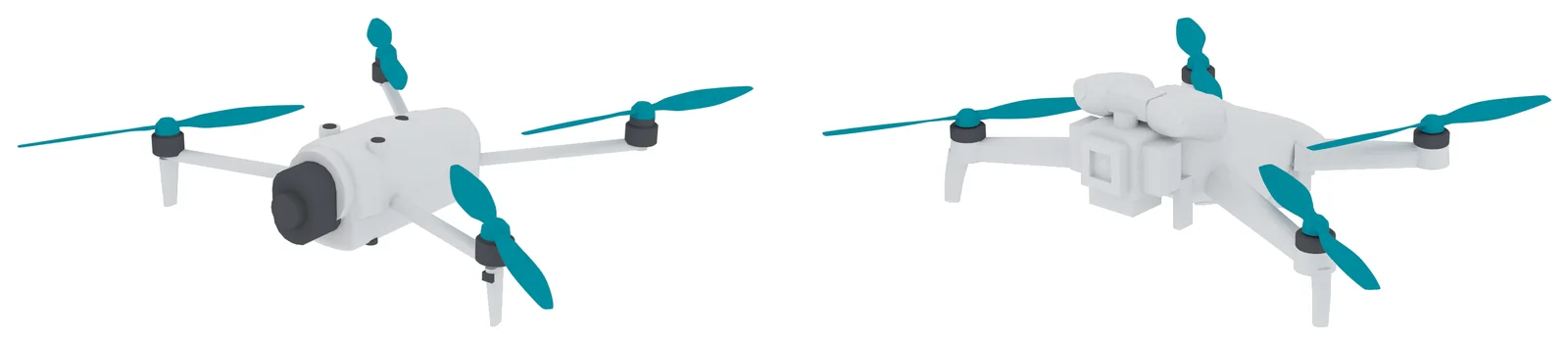 Two renders side by side of smaller folding quadcopter models, light grey with dark motors and teal blades: on the left a model with a rounded body and a large round camera at the front, on the right a model with a slim body and a boxy camera mount under the nose. No markings or text.