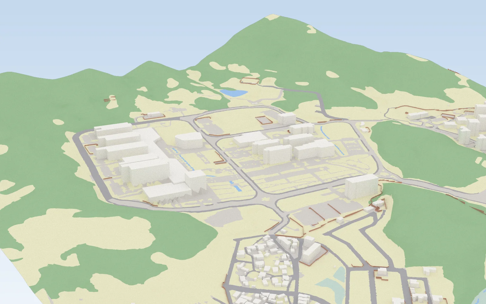 Oblique render of the campus scene under a pale sky: pale box-shaped buildings inside a ring road, grey roads and thin brown walls; the ground is coloured by material, with green forest floor covering the hills, pale yellow dry ground, light grey built ground around the buildings, a small blue pond and a dense village in the foreground.