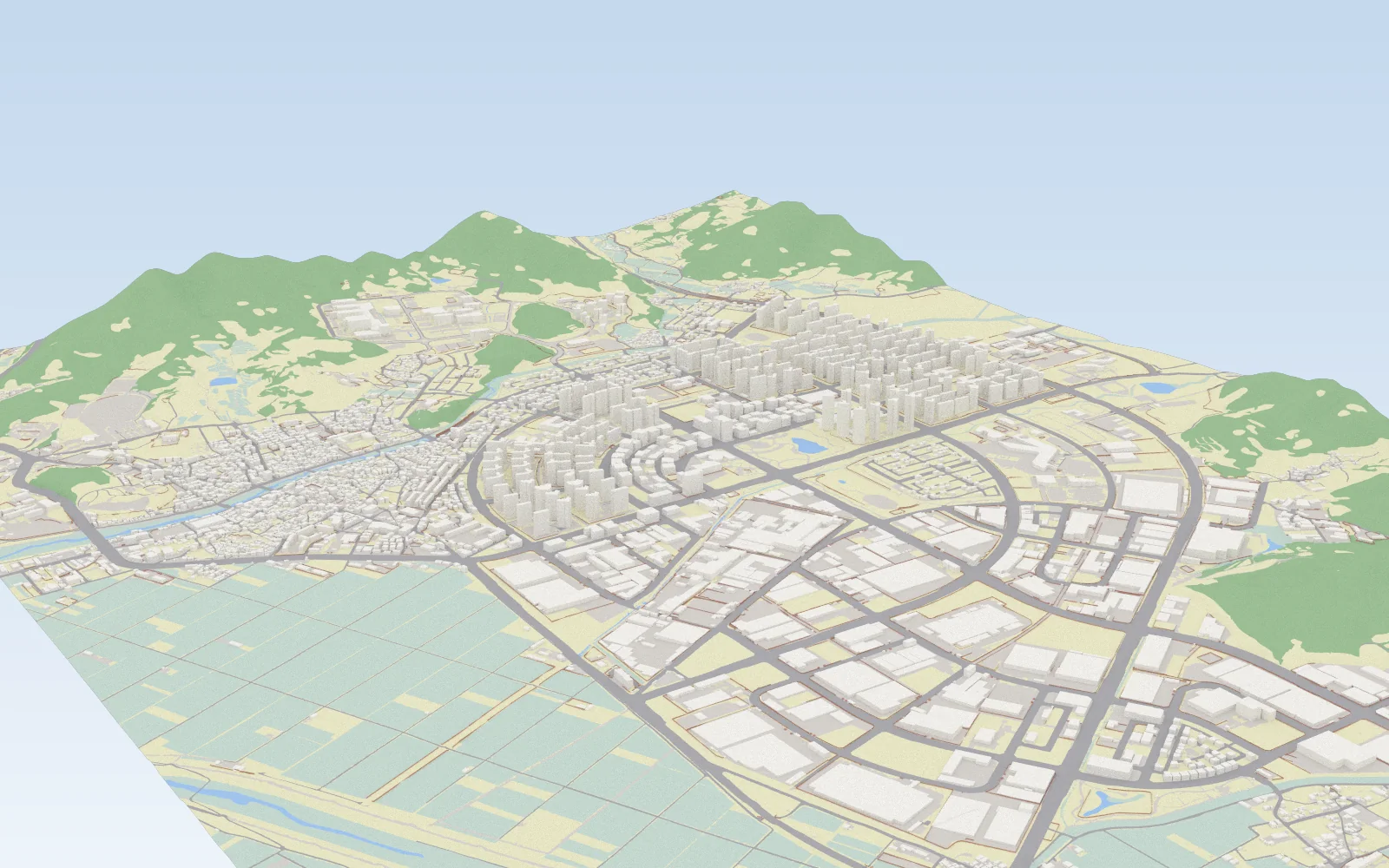 Oblique render of the wider district scene: rows of tall apartment towers and a curved road ring in the middle, an old town on the left and large industrial halls in the foreground; the ground is coloured by material, with pale green-grey rice paddies in the lower left, green forest on the hills, a blue river and ponds, and pale yellow dry ground between the buildings.